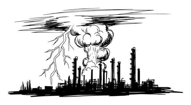 industrial plant explosion during lightning storm disaster sketch