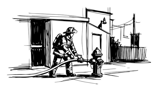 firefighter connecting hose to fire hydrant vector illustration