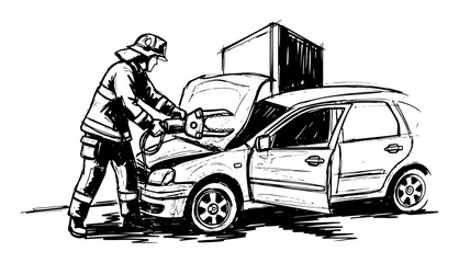 firefighter using rescue tool on crashed car after accident sketch