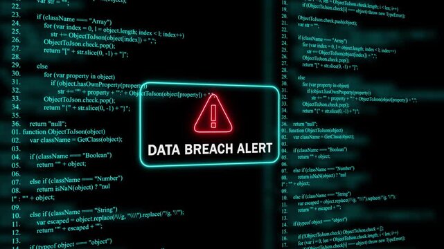 Red Exclamation Mark Warning Symbol data breach alert Neon Sign on cyan Digital Code Background with Glitch Effect