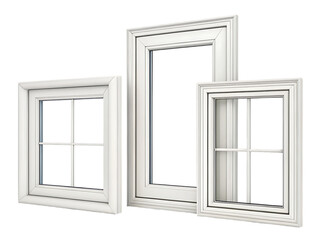 Obraz premium Modern 3d illustration of an open white plastic window frame with glass on a white background showing a view of the sky from inside a new house room