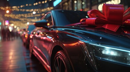 Luxury Car with a Festive Bow on Urban Street