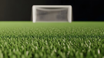 A close-up view of the green grass field and soccer goal. The depth of field highlights the texture of the grass and the goal in the distance