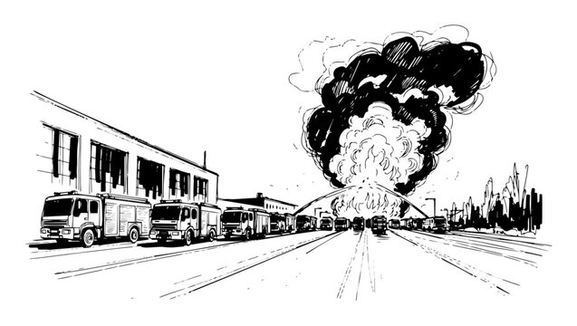 fire trucks convoy responding to a distant explosion sketch