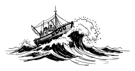 fishing trawler battling storm waves at sea sketch