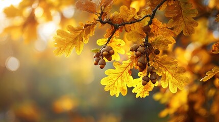 Obraz premium Golden oak leaves and acorns on tree branch in autumn
