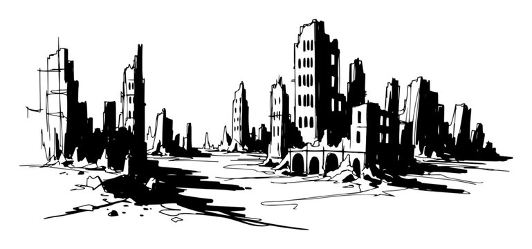 ruined city after war or apocalypse disaster vector silhouette