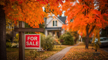 A picturesque property for sale, framed by vibrant autumn foliage. A house is on the market, set amidst a scenic landscape of colorful trees during the fall season.