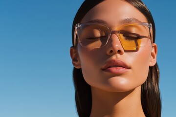 A young woman with sun-kissed skin and closed eyes wears stylish, light-colored sunglasses against a vibrant blue sky