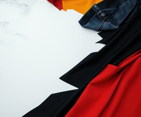 Elegant fabric swatches in red, black, and orange alongside denim, ideal for fashion design or textile projects
