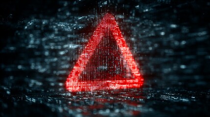 Glowing red digital triangle caution symbol on a textured, pixelated, dark background