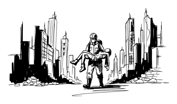 rescuer carrying victim from ruined city disaster aftermath sketch