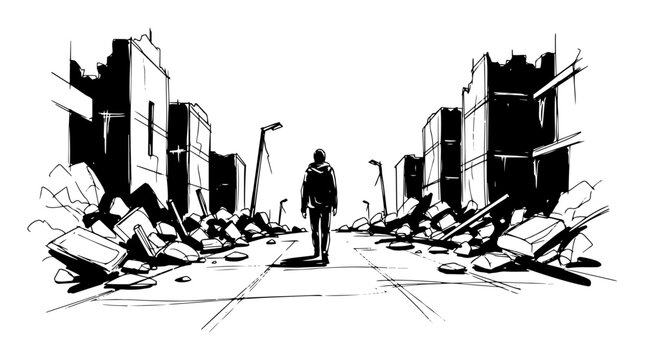lone survivor walking through destroyed city street vector sketch