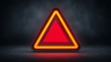 Glowing triangle warning sign on a concrete surface, reflecting red and orange light