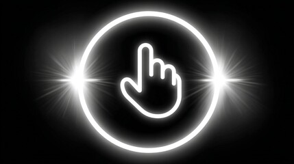 Glowing white circular hand symbol. Pointing index finger inside a bright, encircled button. Black background