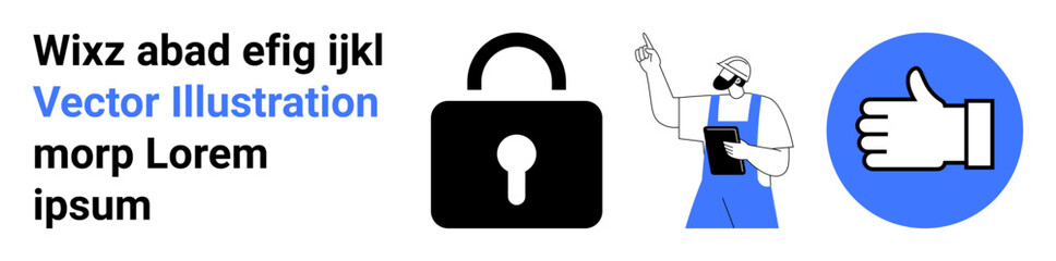 Online security, data protection, customer service, approval processes, professional services, digital safety. A padlock, worker with tablet and thumbs-up symbol. Online security and data protection