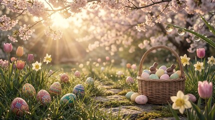 Easter egg hunt under cherry blossom trees in springtime