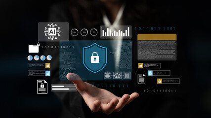 A person showcases a holographic shield symbolizing digital security, surrounded by data analytics and icons, highlighting technology and information protection in modern society. Gantry