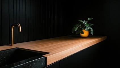 Modern minimalist kitchen features a sleek wooden countertop, a dark sink, and a gold faucet