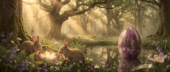Bunnies and colorful eggs near a pond in a forest setting