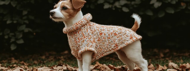Adorable small dog wearing a cozy autumn-colored knitted sweater outdoors amongst fallen leaves