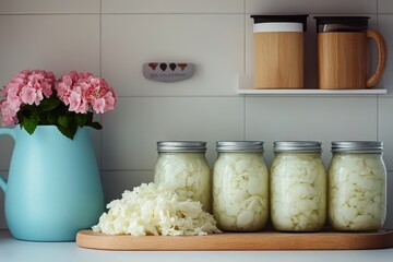 Four jars of fermented cabbage sit on a wooden board, next to a pile of shredded cabbage, with pink flowers and mugs in the background