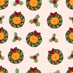 Festive Cat Wreath Pattern With Holly Berries For Christmas Themed Backgrounds