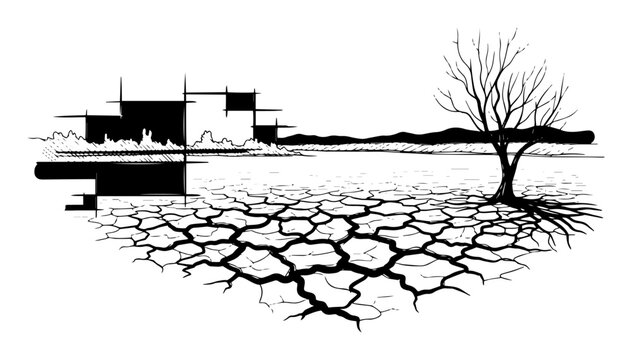 drought landscape with cracked earth dead tree and city sketch