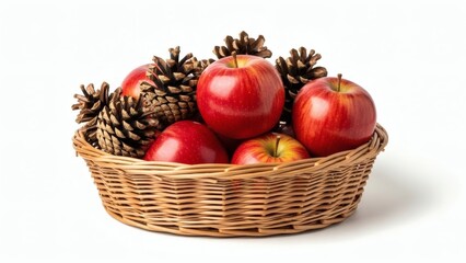 Red apples and pine cones in wicker basket display