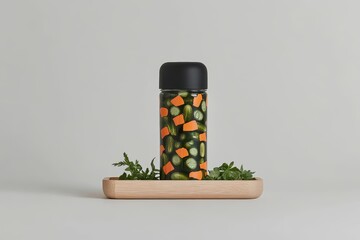 A glass bottle filled with pickled cucumbers and carrots sits on a wooden tray with fresh herbs