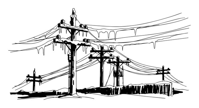 power lines covered in ice after winter storm sketch