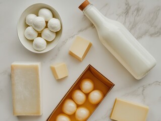 Dairy products, including milk, cheese, and mozzarella balls, are arranged on a marble surface, showcasing fresh ingredients