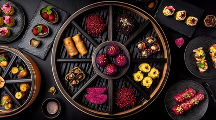 Elegant top-down shot of beautifully arranged gourmet appetizers on black serving platters