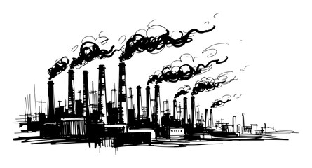 Obraz premium industrial factory smokestacks emitting pollution sketch