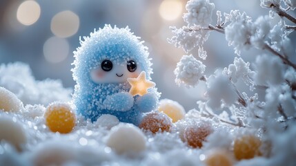 Obraz premium A blue, fuzzy character holds a star, surrounded by frosted candies and branches. AI.
