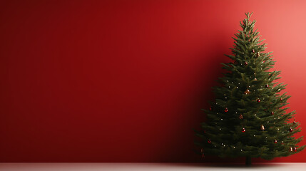 A traditionally decorated Christmas tree with red ornaments and soft white lights stands against a deep red wall, creating a festive holiday atmosphere and inviting aesthetic.