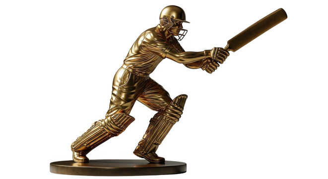 Golden cricketer silhouette dynamic action pose batting stance trophy sculpture transparent background