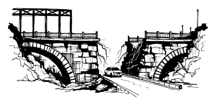 collapsed stone bridge over road infrastructure failure sketch