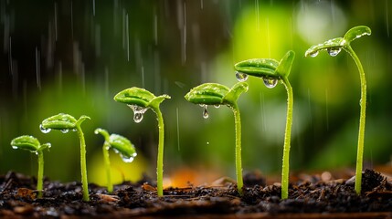 Emerging green plants with raindrops, soil, and blurred background. Rain falling. Life cycles