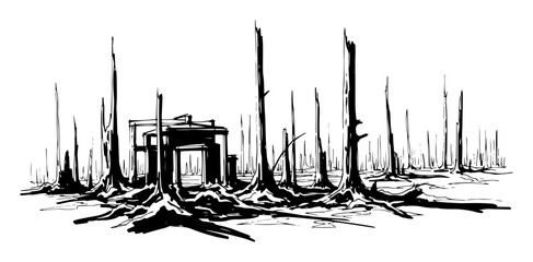 destroyed burnt forest after fire or war disaster sketch