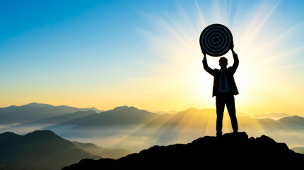 Businessman Achieving Goals on Mountain Peak. Success Business Leadership, Winner on top.