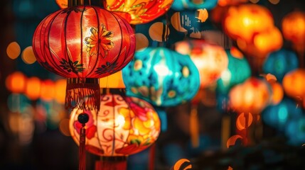 Fototapeta premium Red glowing Chinese lanterns create a festive atmosphere in a street park for the Lantern Festival. Background for event marketing, cultural education materials or holiday design