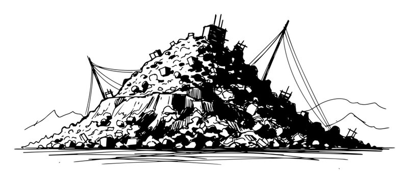 massive landfill garbage pile with cranes sketch vector