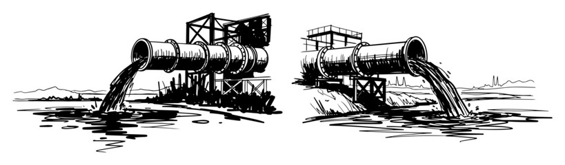 industrial pipes dumping wastewater into river sketch