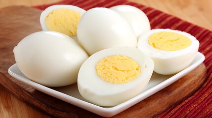 Close-up of peeled, hard-boiled eggs on a white plate, set on a wooden cutting board with a cloth