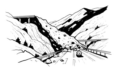 landslide blocking mountain highway road with a car sketch © Mago