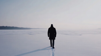 A solitary figure treks across the vast, snow-covered expanse, leaving footprints in their wake. The winter landscape stretches to the horizon, a journey into the unknown.