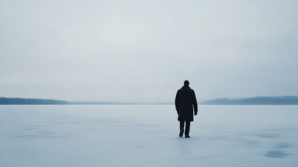 A solitary figure in a long, dark coat walking across a desolate, frozen expanse under an overcast sky. The silhouette stands against the stark, icy landscape, evoking a sense of isolation.