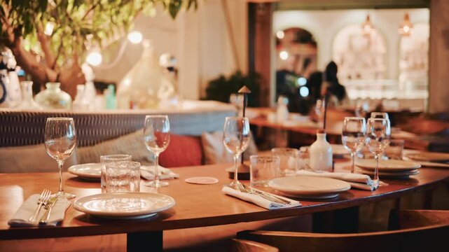 Cinematic shot of a cozy restaurant interior with warm lighting, wooden furniture, wine glasses and a refined table setup