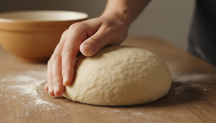 Person kneading dough on a wooden surface with a mixing bowl